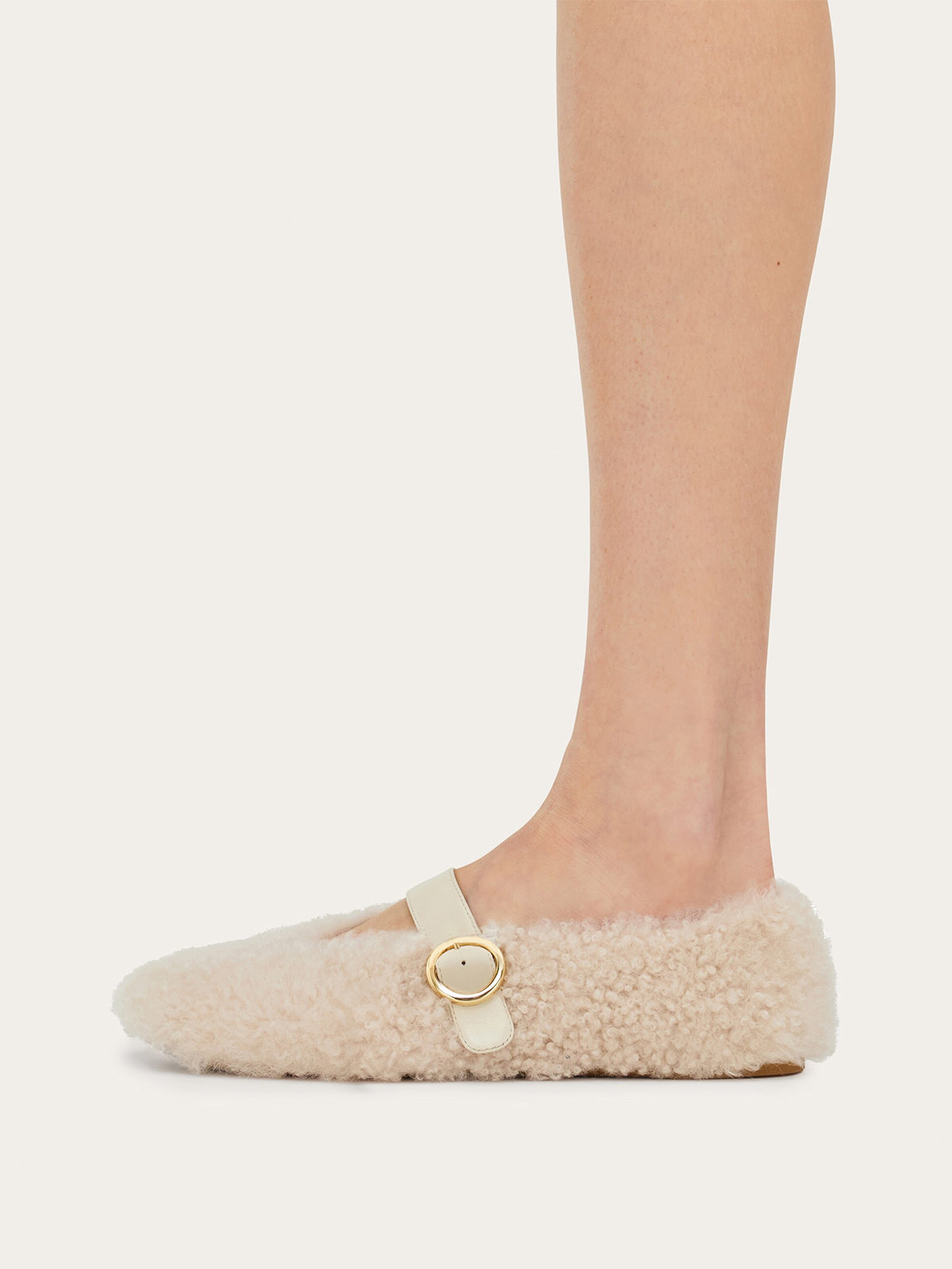 Cream Plush Square-Toe Vegan Leather Bridge Strap Ballet Flats