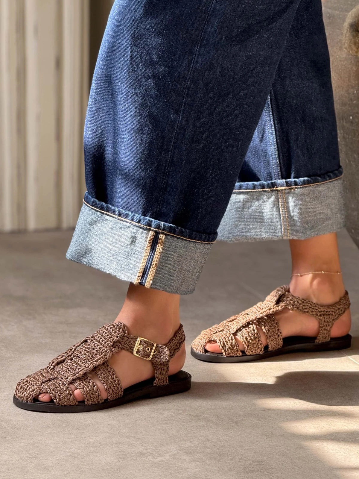 Green Grass Woven Round-Toe Caged Detail Buckle Strap Flats