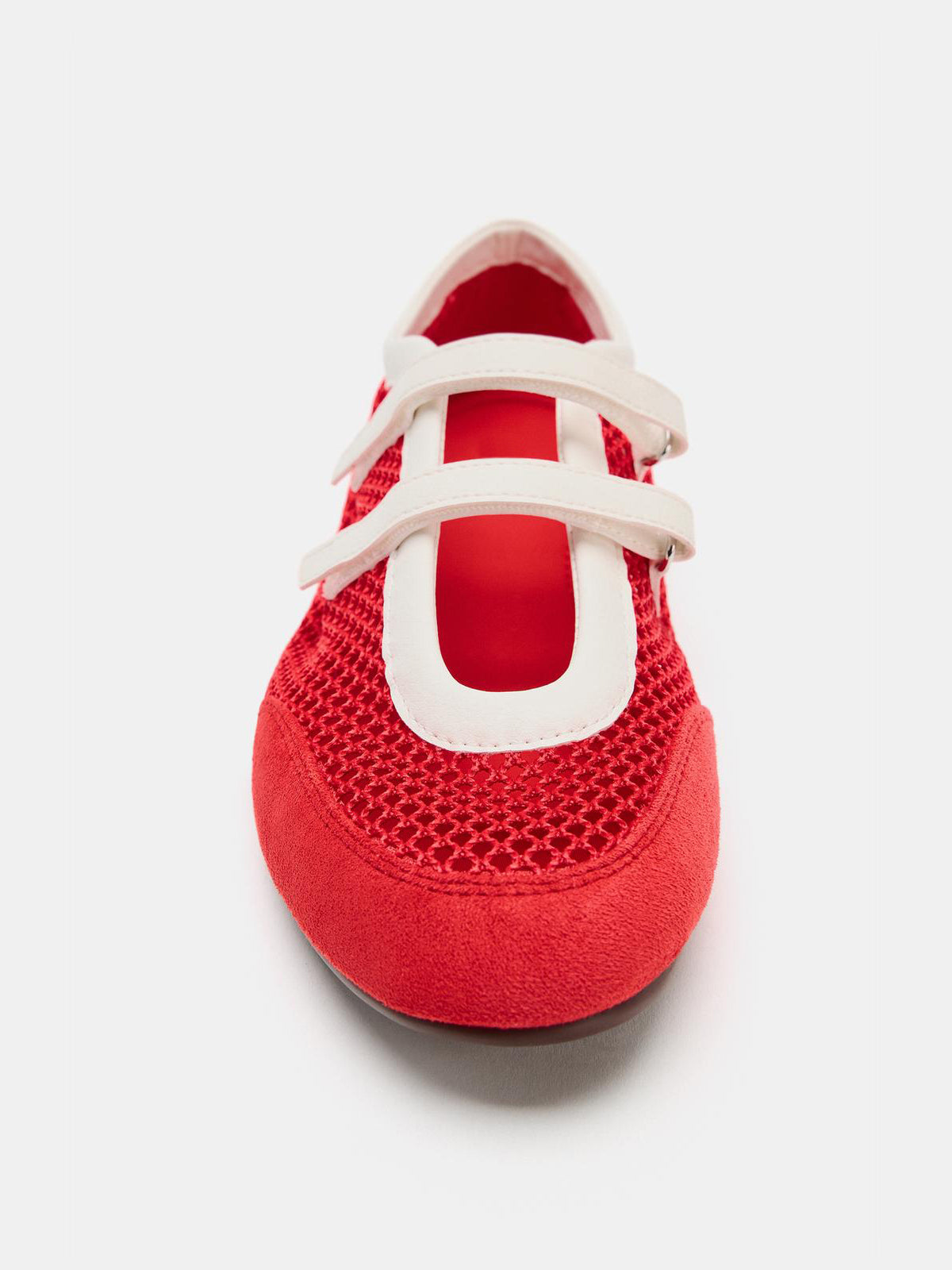 Red Mesh And Faux Suede Round-Toe Adhesive Strap Flats Sneakers