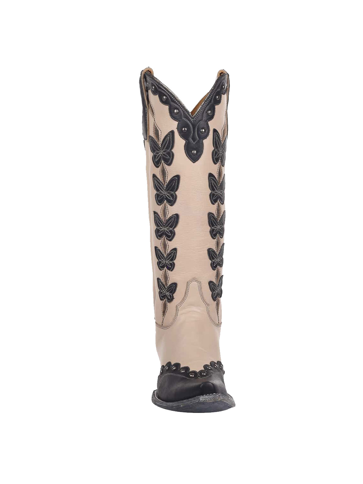 Contrast Cream And Black Snip-Toe Butterrfly Applique Wide Calf Studded Knee High Cowgirl Boots
