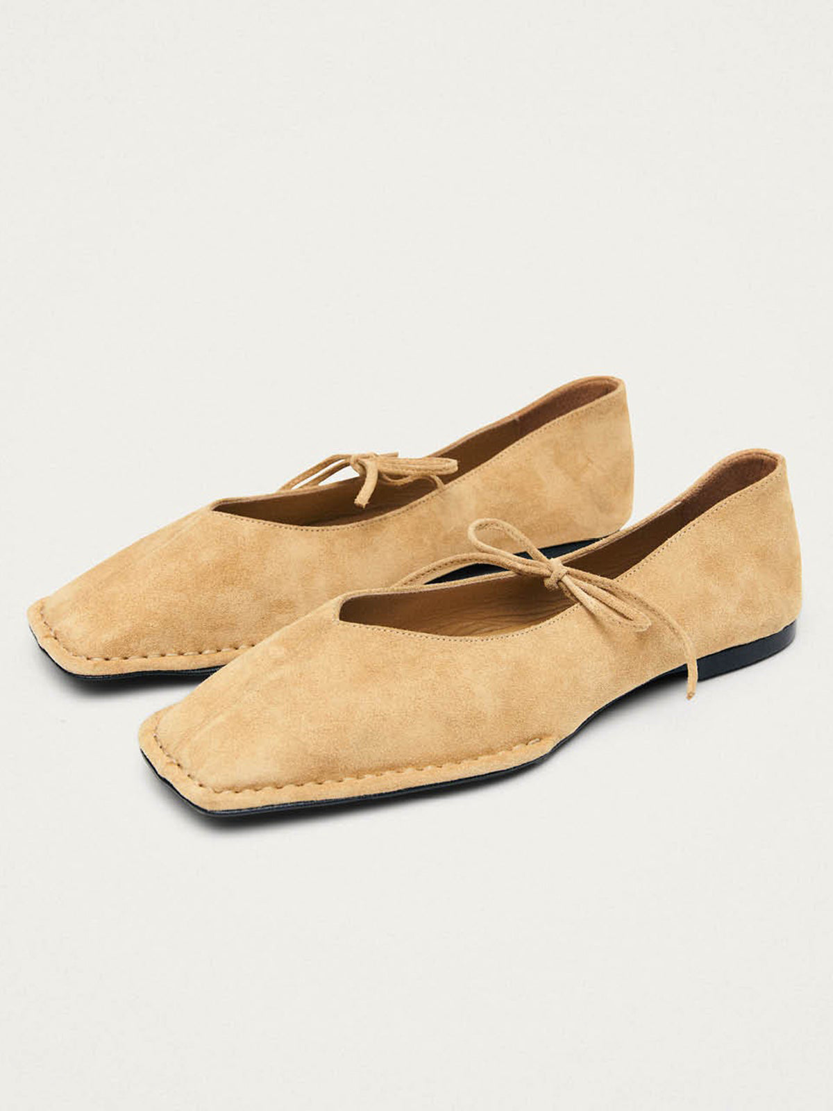Sand Faux Suede Square-Toe Middle Strap Simple Chic Ballet Flats
