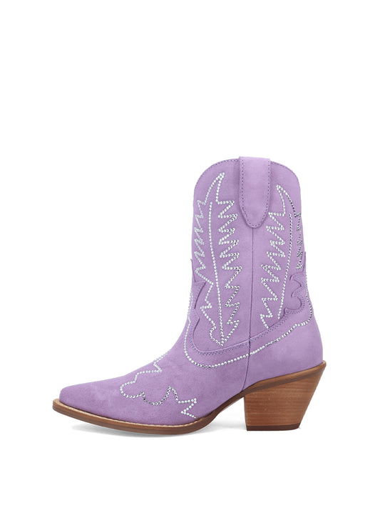 Lavender Faux Suede Snip-Toe Western Embroidery With Rhinestones Ankle Cowgirl Boots