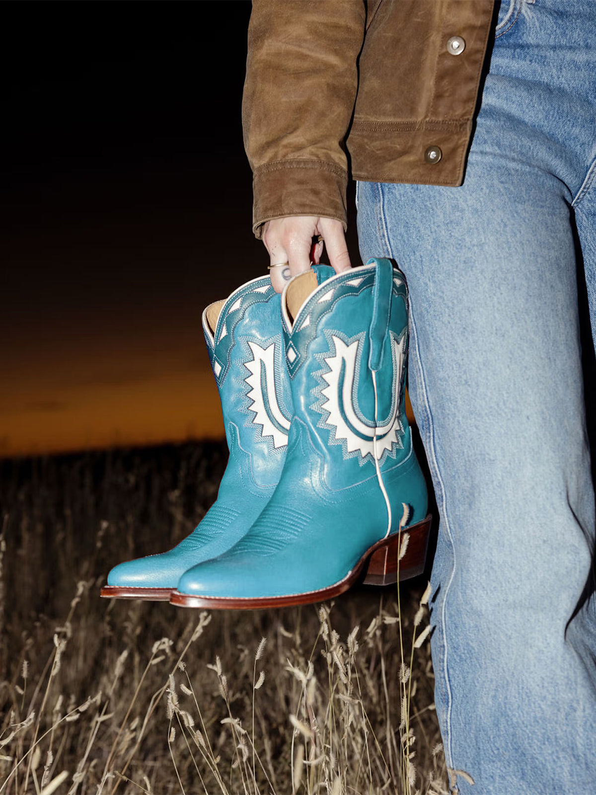 Blue Almond-Toe Horseshoe Inlay Cowgirl Ankle Boots