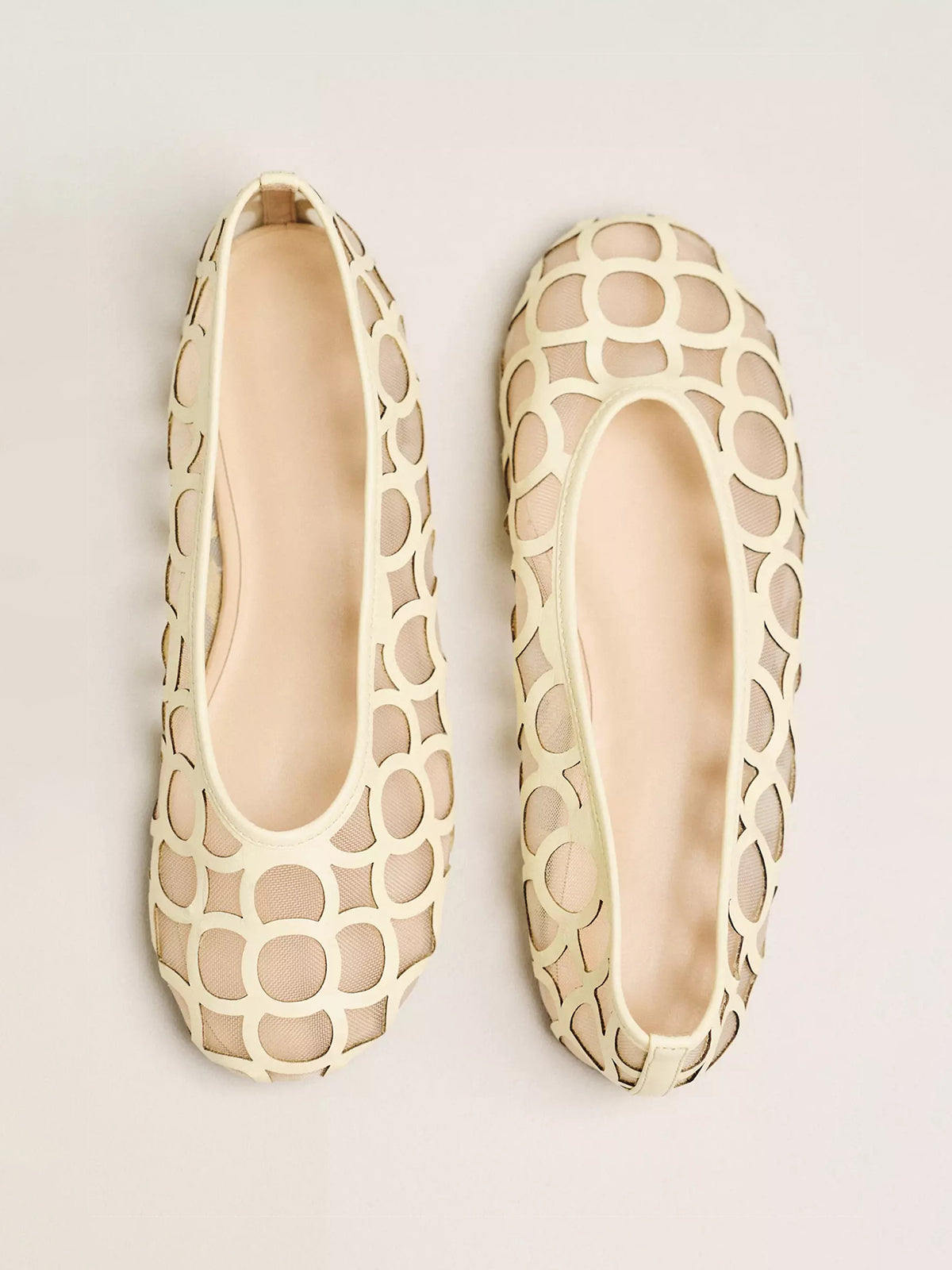 Light Yellow Vegan Leather Round-Toe Cutout With Mesh Ballet Flats