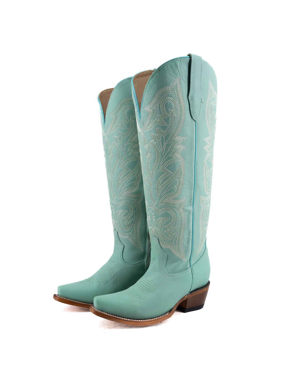 Snip-Toe Embroidery Half-Zip Tall Knee High Cowgirl Boots For Woman - Turquoise