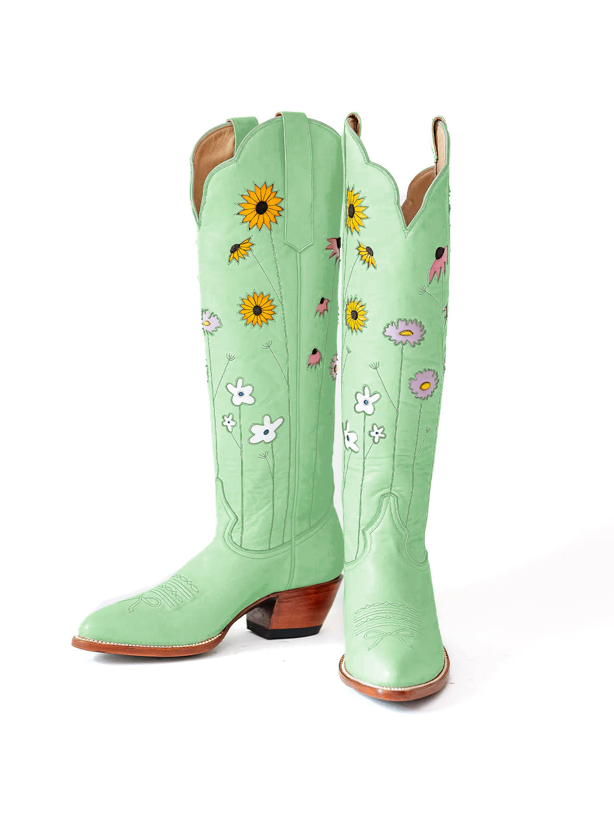 Light Green Almond-Toe Colorful Flowers Inlay Wide Calf Knee High Cowgirl Boots