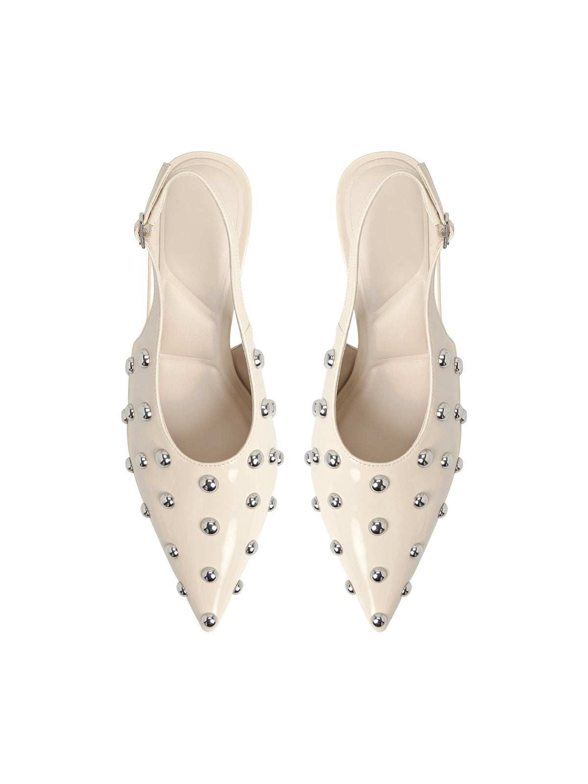 Cream Pointed-Toe Slingback Kitten Heels With Full Studs