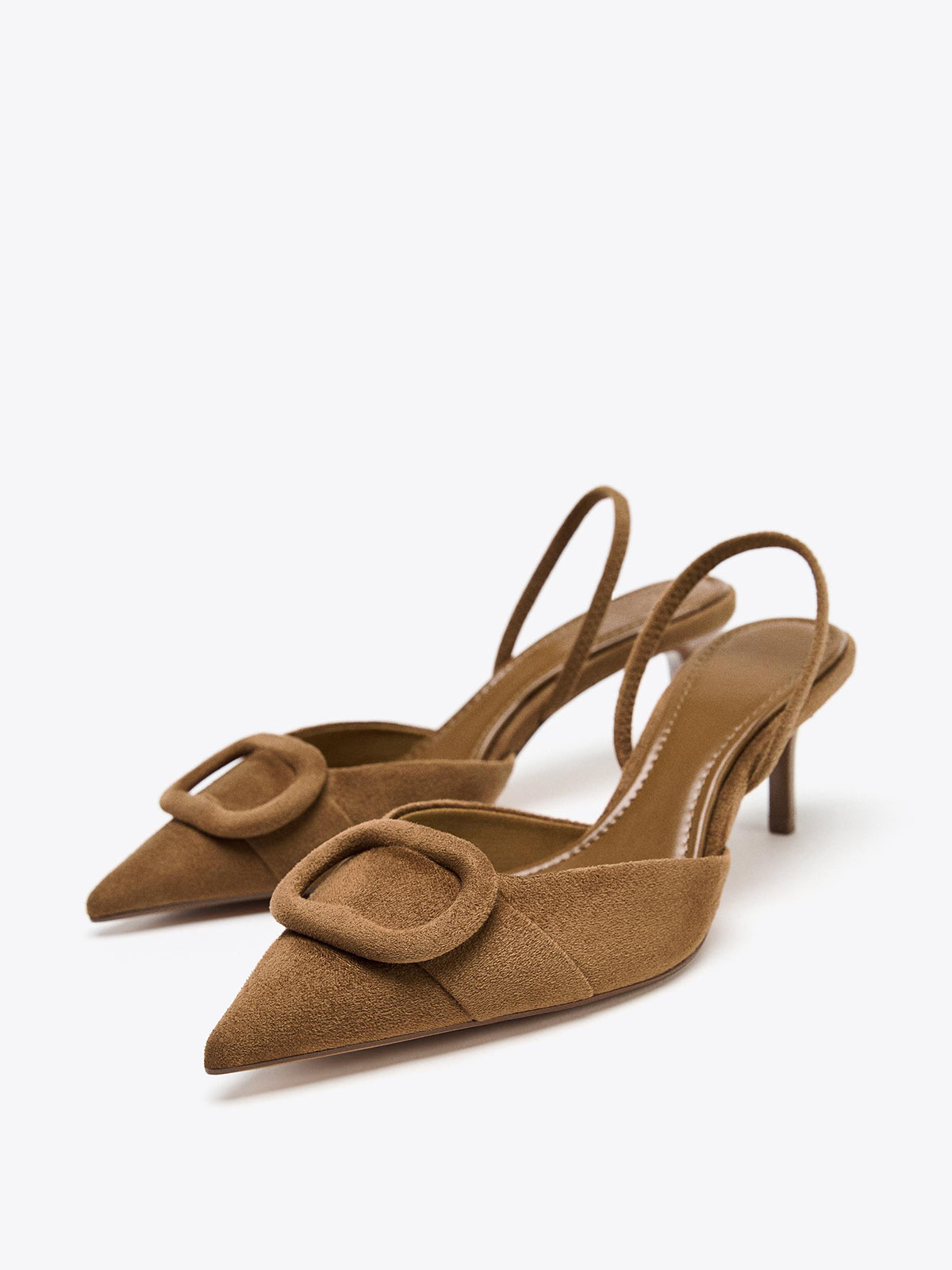 Brown Faux Suede Pointed-Toe Front Applique Slingback Kitten Heels