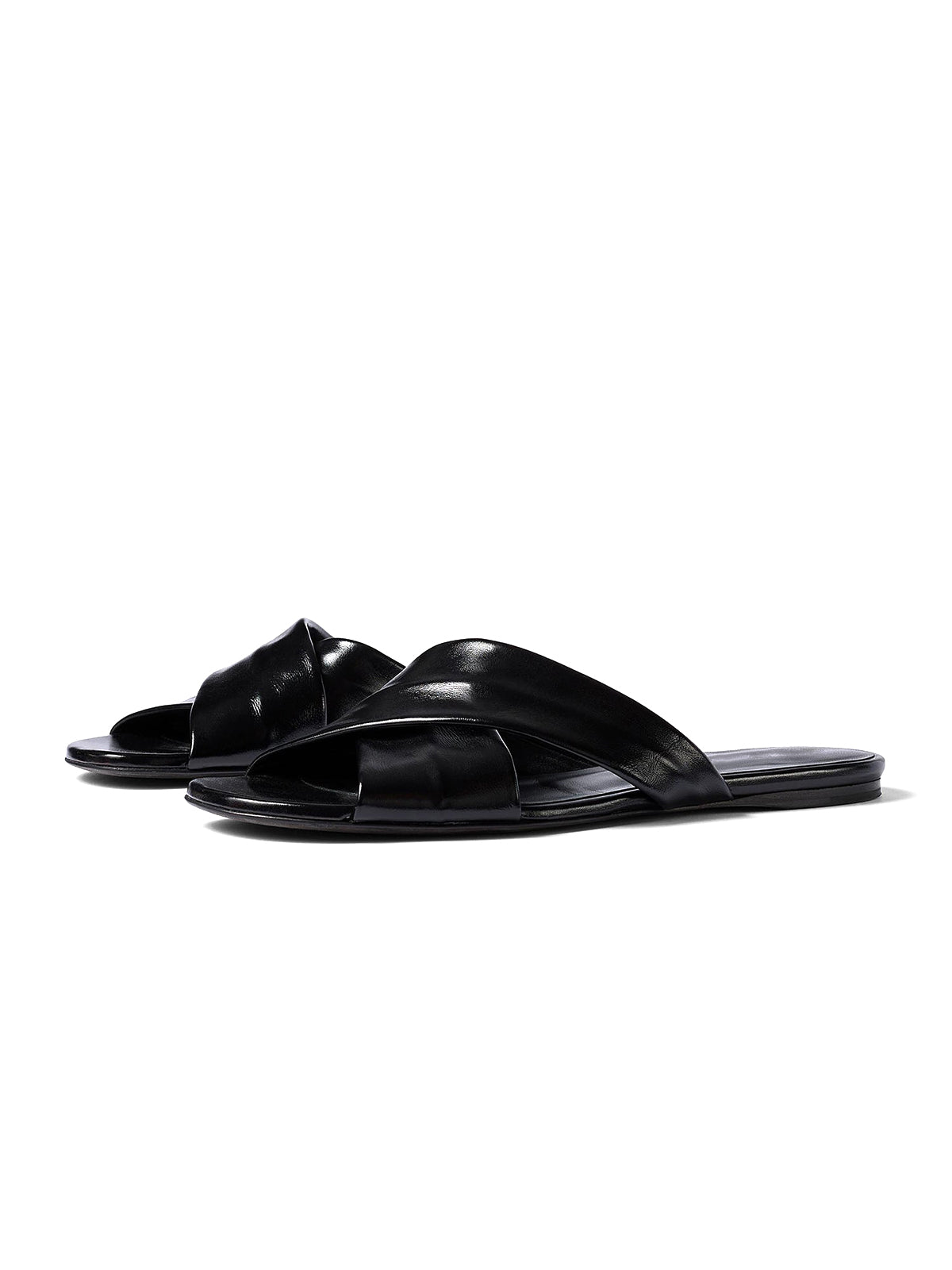 Black Square-Toe Cris-Crossed Straps Slip-On Flat Sandals