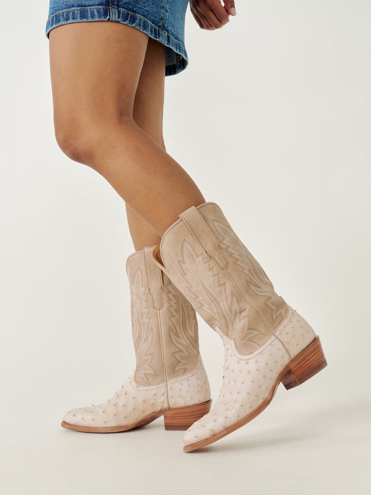 Contrast Sand And White Ostrich Print Almond-Toe Embroidery Mid Calf Cowgirl Boots