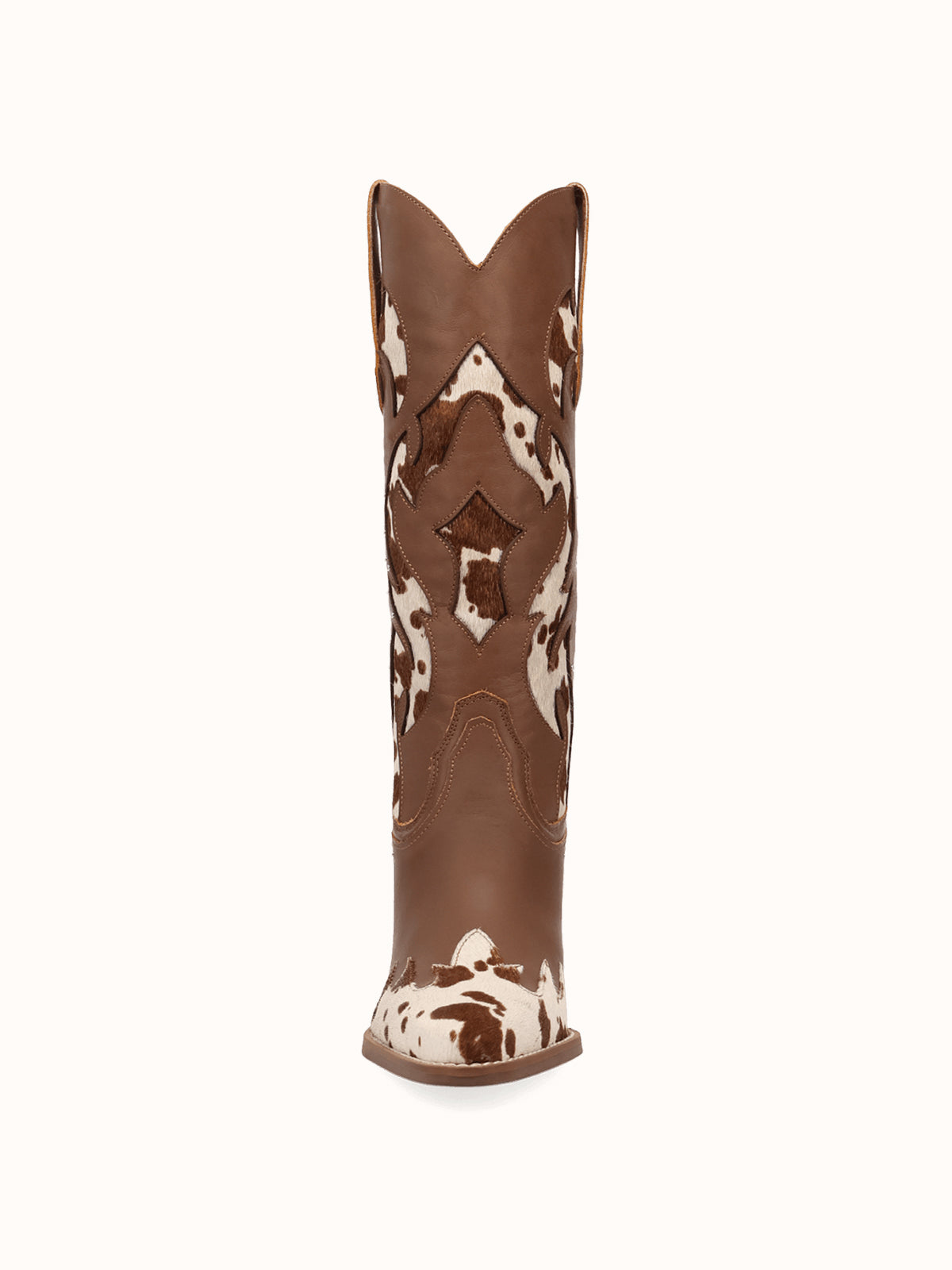 Contrast Brown And Cow Pattern Snip-Toe Mid Calf Cowgirl Boots