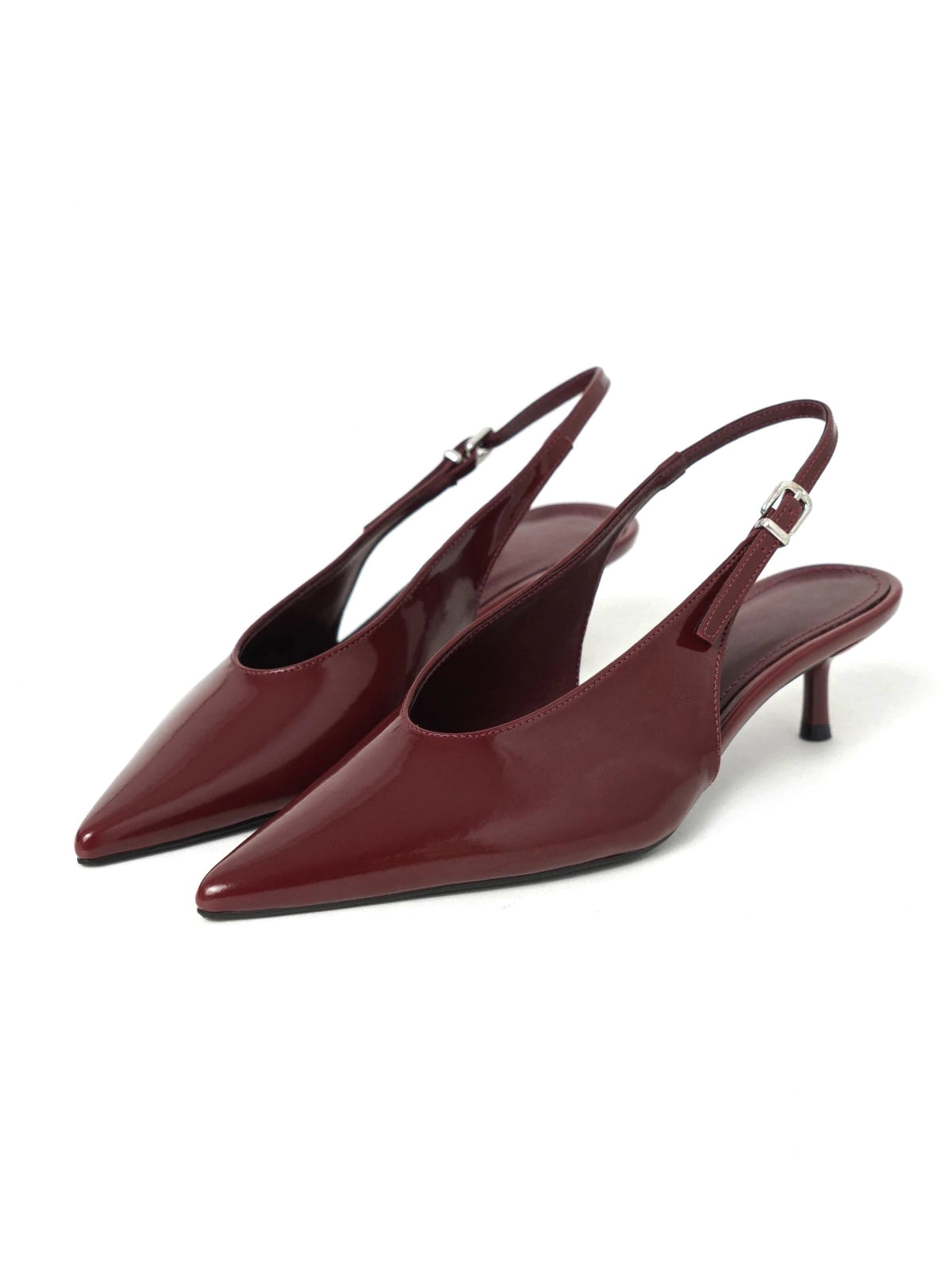 Patent Burgundy Pointed-Toe Slingback With Buckle Kitten Heels