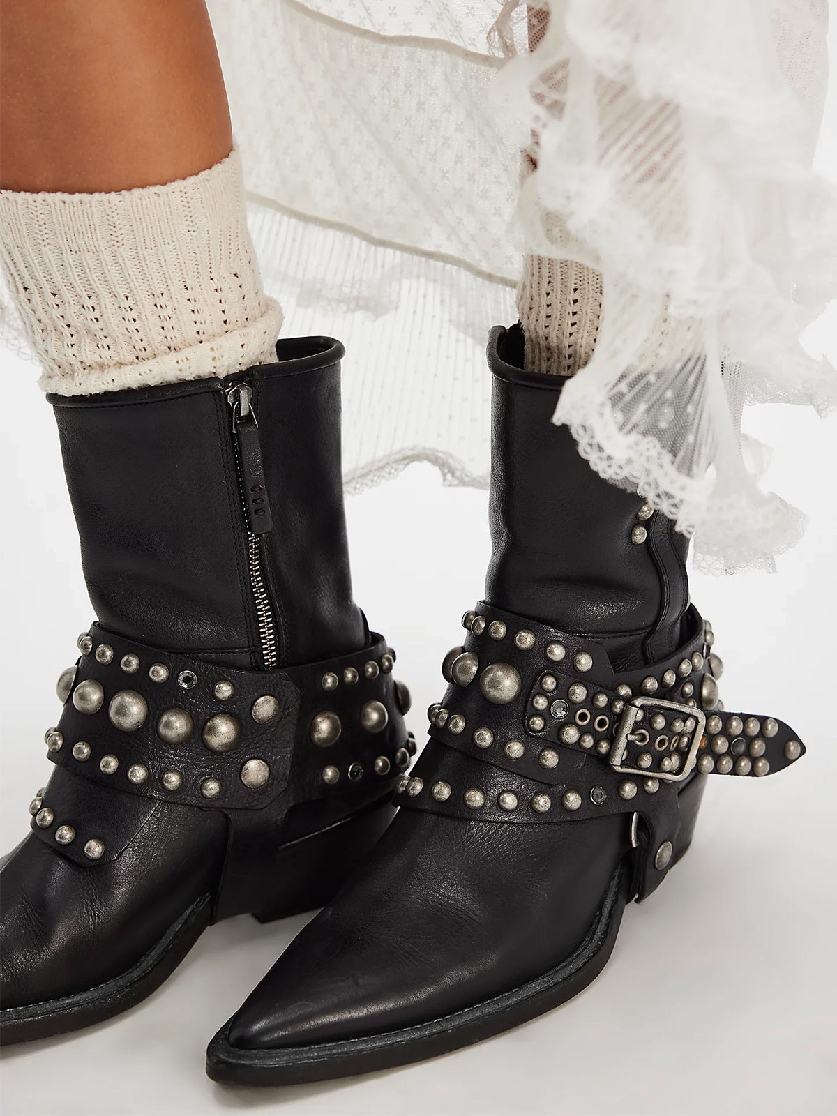 Black Pointed-Toe Studded Buckle Strap Full-Zip Ankle Cowgirl Boots