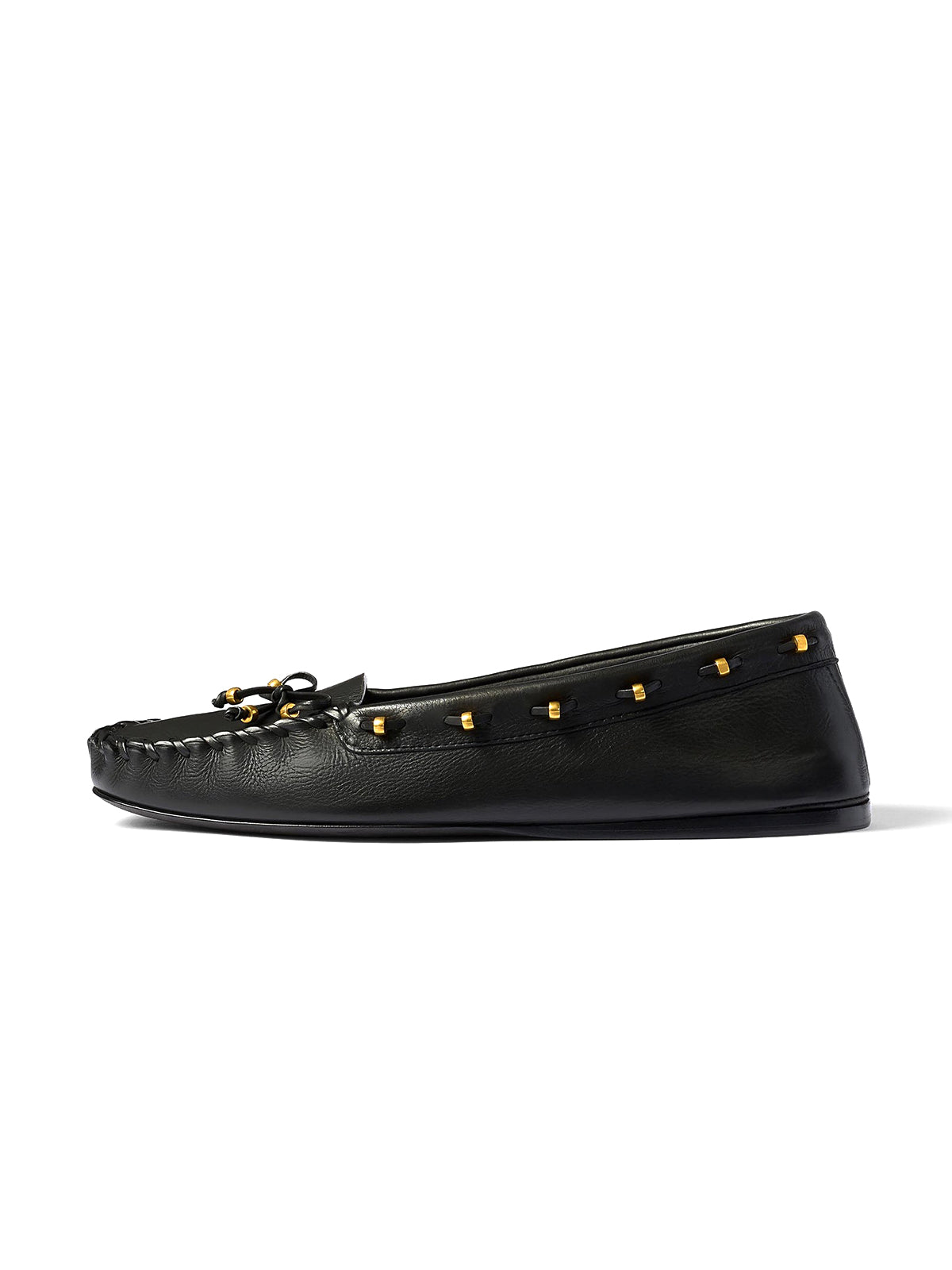 Black Cow Leather Square-Toe Running Stitch And Front Bow Flats