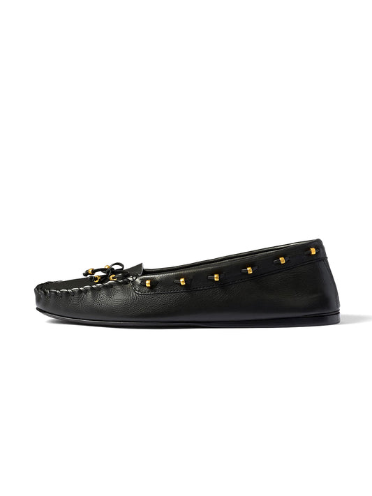 Black Cow Leather Square-Toe Running Stitch And Front Bow Flats
