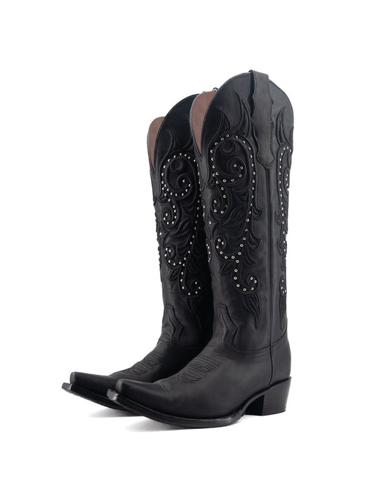 Snip-Toe Embroidery And Studs Half-Zip Knee High Cowgirl Boots For Woman - Black