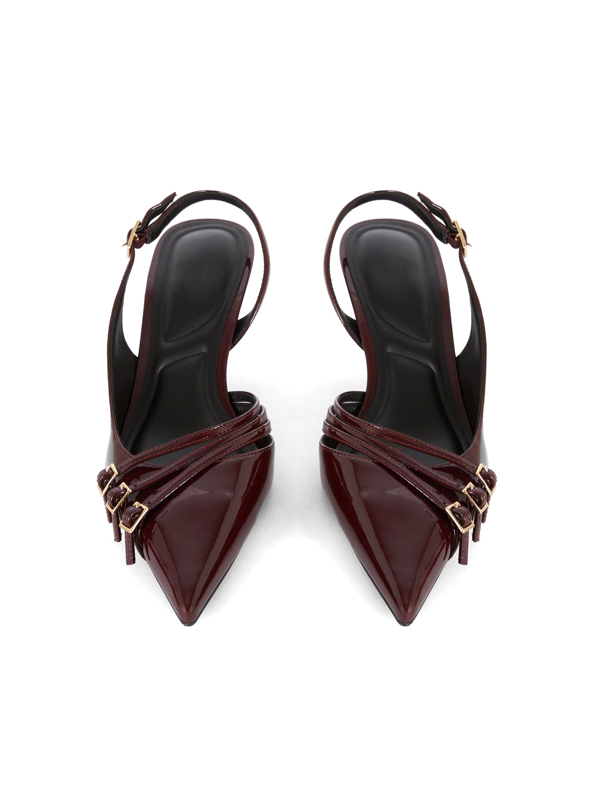 Patent Burgundy Pointed-Toe Front Three Straps Slingback Kitten Heels