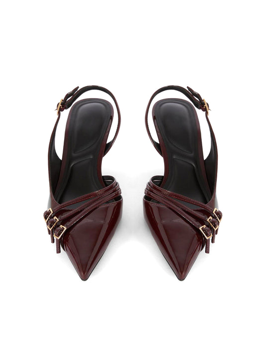 Patent Burgundy Pointed-Toe Front Three Straps Slingback Kitten Heels