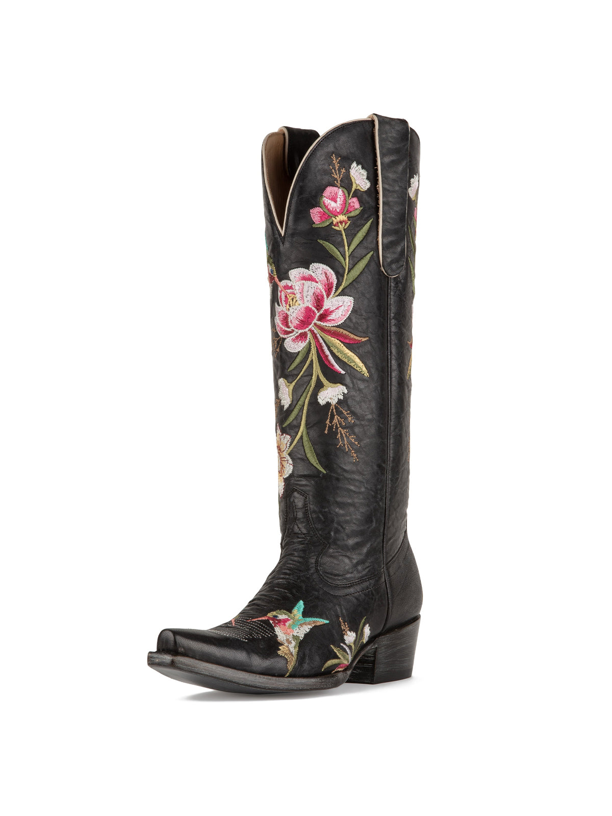 Ebony Snip-Toe Vivid Flowers And Bird Embroidery Wide Calf Knee High Cowgirl Boots