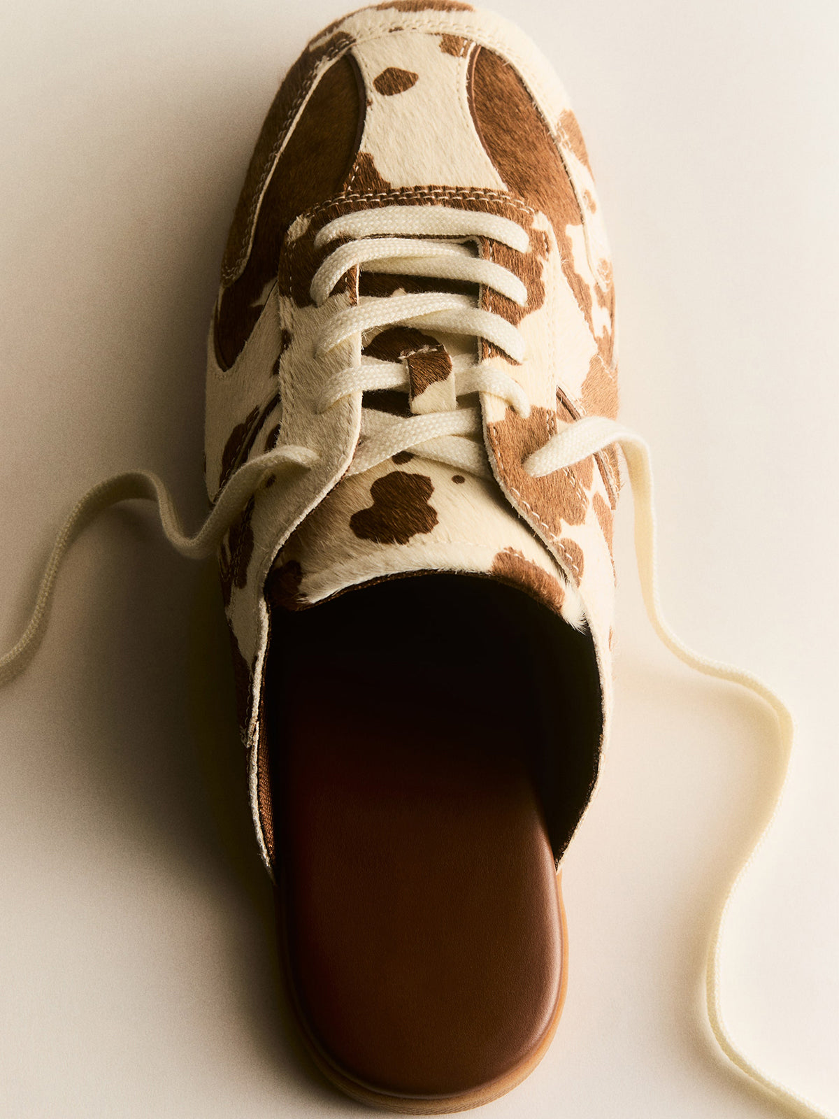 Cow Print Pony Hair Vegan Leather Square-Toe Lace-Up Backless Flats