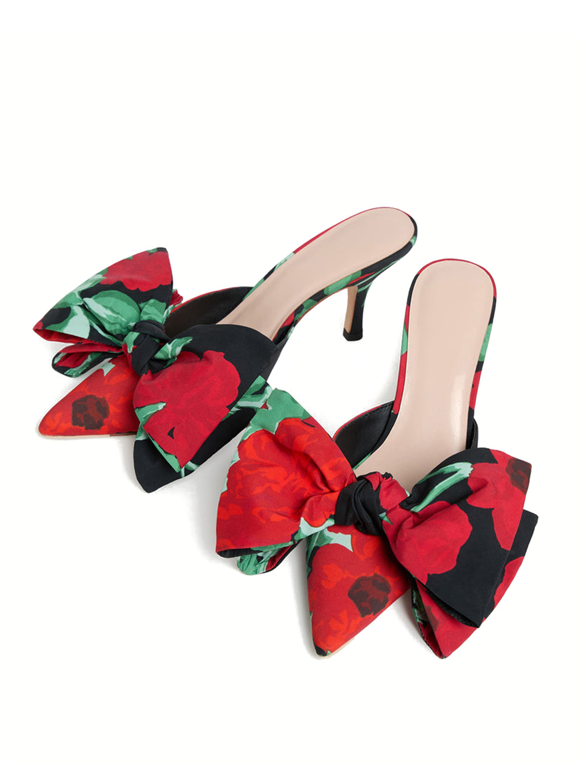 Contrast Tri-Color Flower Figured Cloth Pointed-Toe Front Big Bow Backless High Heels