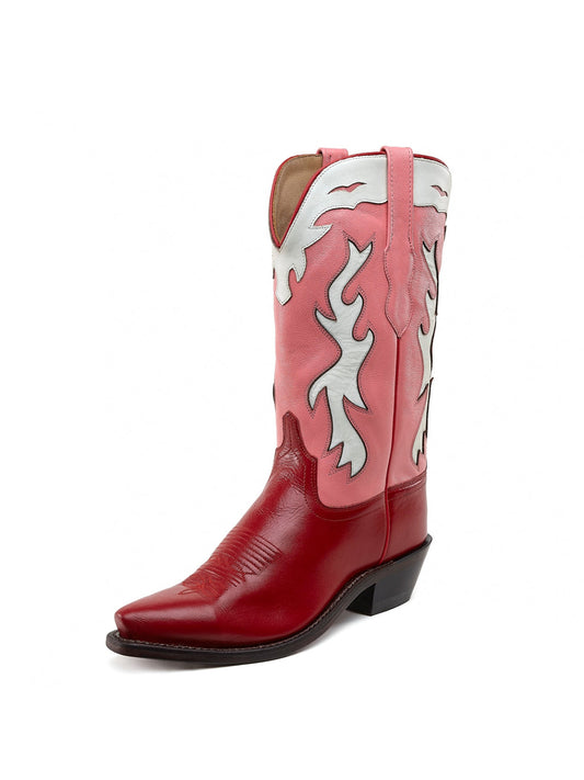 Red And White Snip-Toe Flame Embroidery Mid Calf Cowgirl Boots