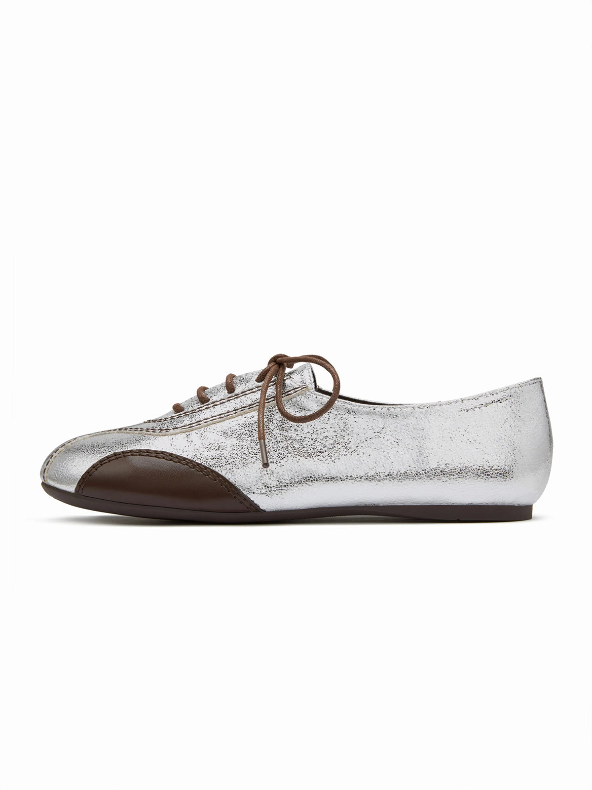 Metallic Silver Leather And Cow Leather Square-Toe Lace-Up Flats Sneakers