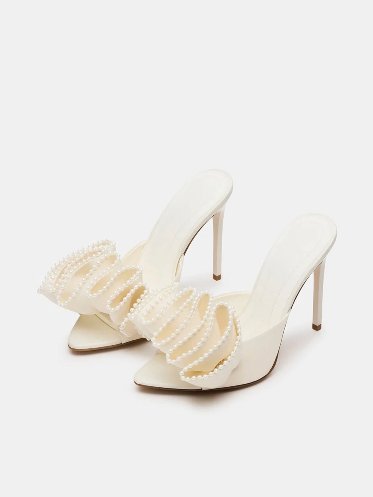 Pointed-Toe Slip-On Pearl Ruffle High Heels - Ivory