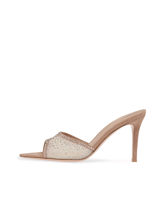 Rhinestones Mesh Open Pointed-Toe Backless Slip-On High Heels – Pink