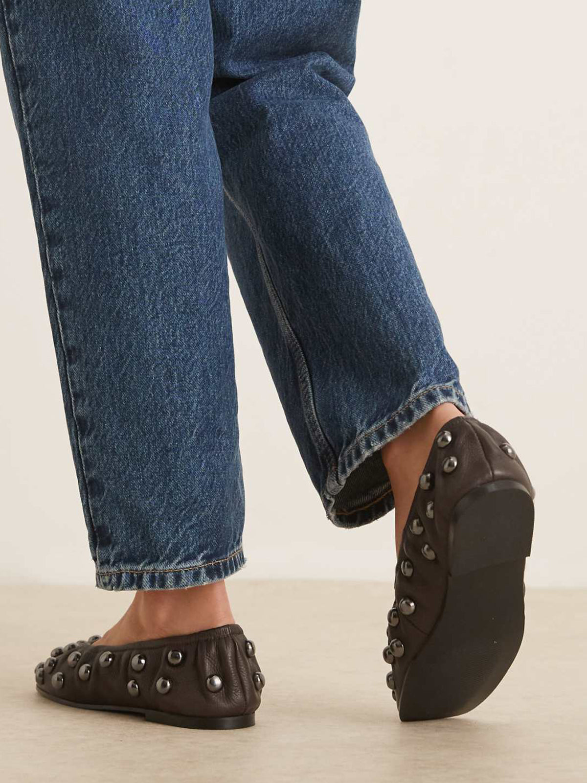 Brown Square-Toe Studded Scrunch Ballet Flats