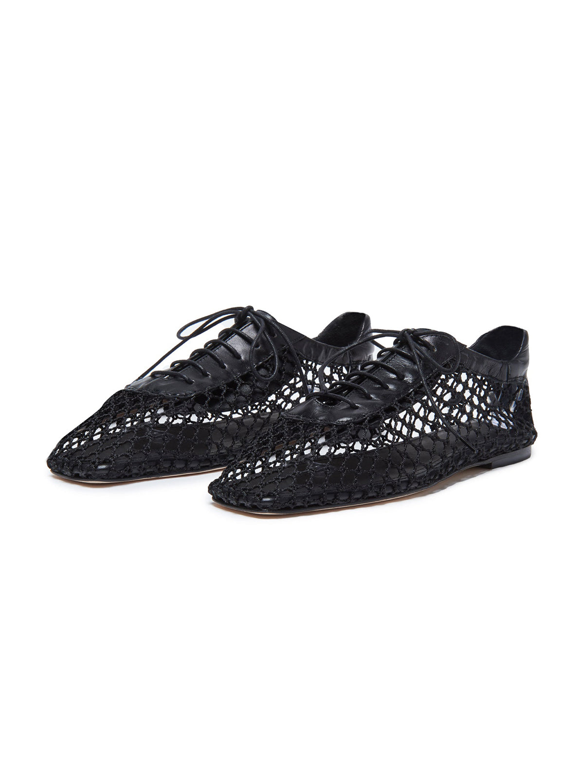 Black Mesh And Vegan Leather Square-Toe Lace-Up Chic Flats