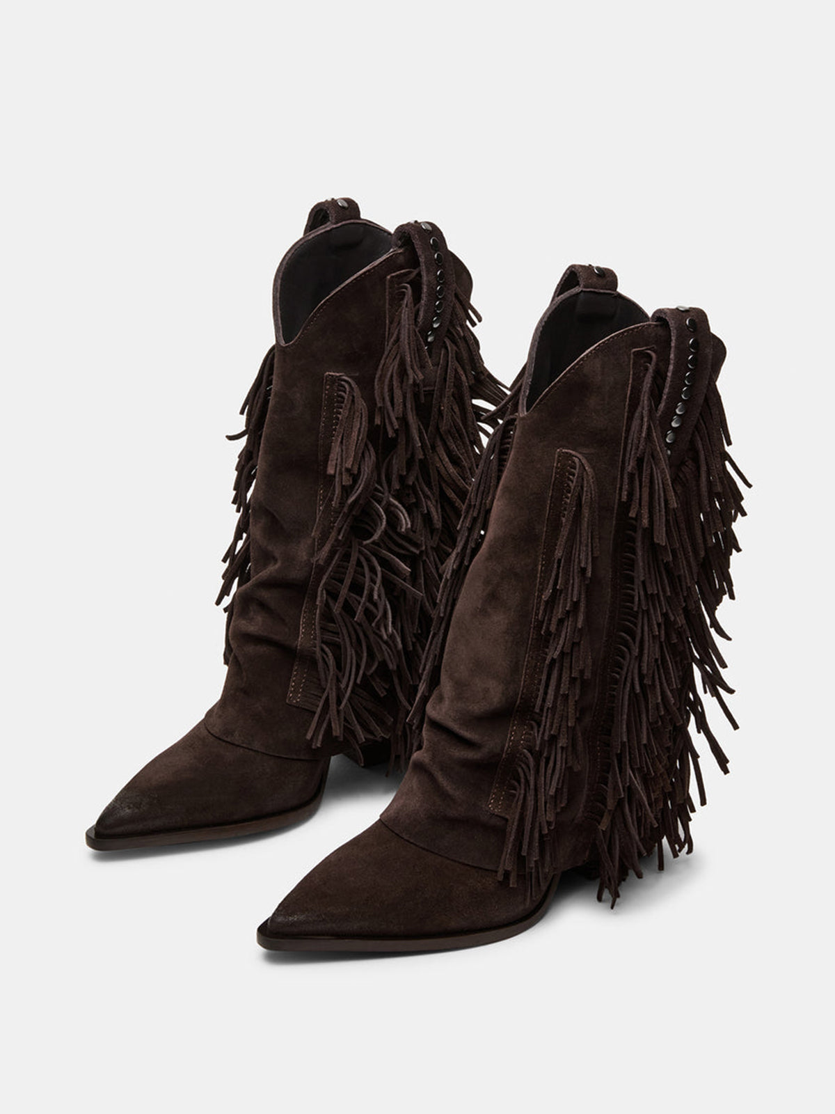 Dark Gray Faux Suede Pointed-Toe Full Fringe Fold-Over Mid Calf Cowgirl Boots
