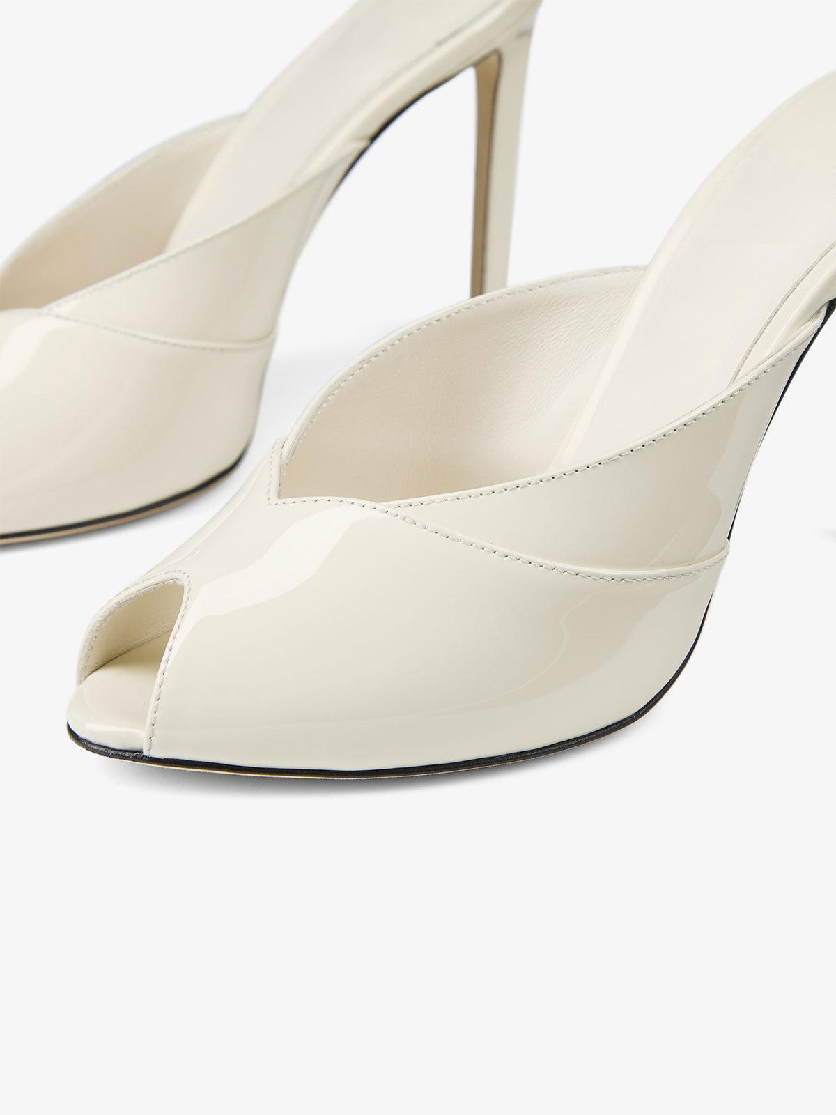 Patent Ivory Peep Round-Toe Slip-On Mules High Heels