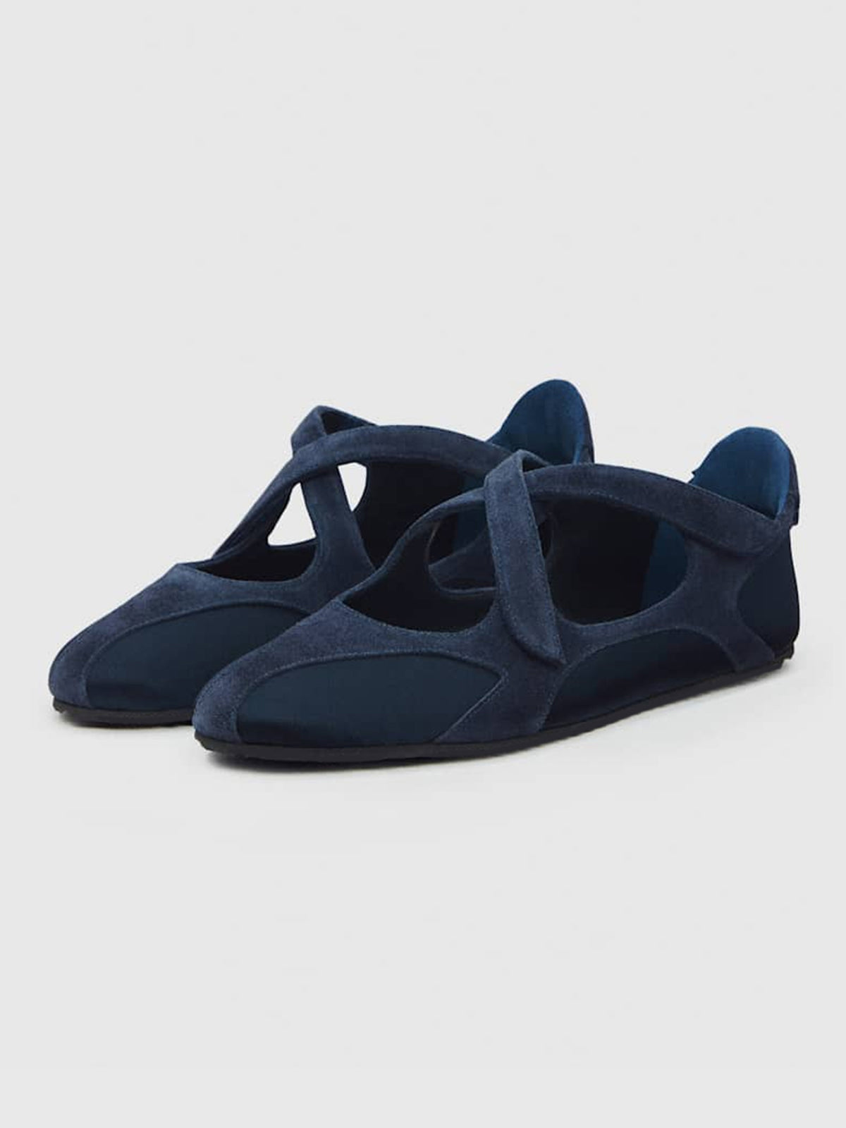 Dark Blue Satin And Cow Suede Round-Toe Middle Crossed Straps Sneakers
