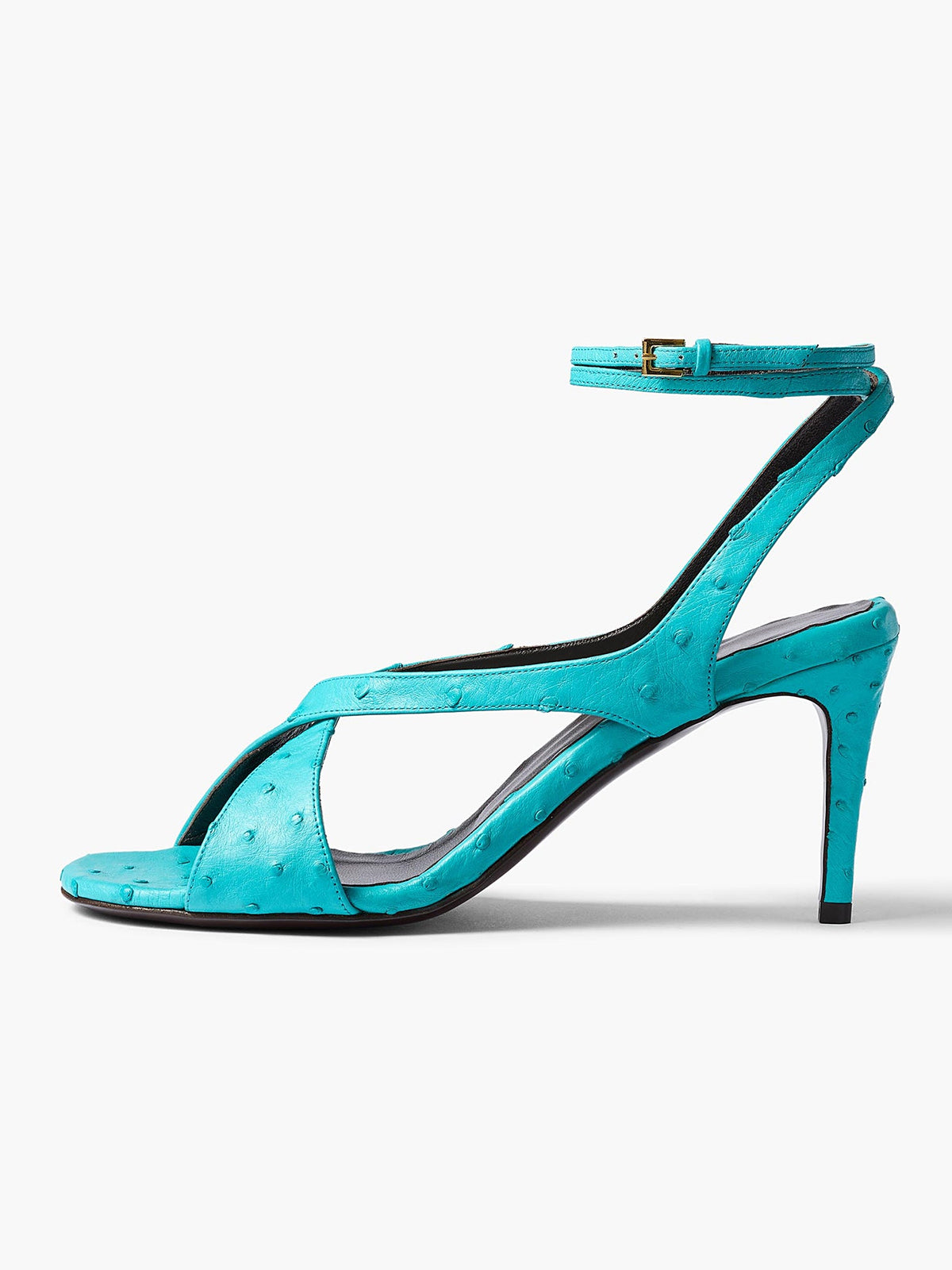 Blue Ostrich Pattern Round-Toe Crossed Straps Back And Ankle Strap Sandals Kitten Heels