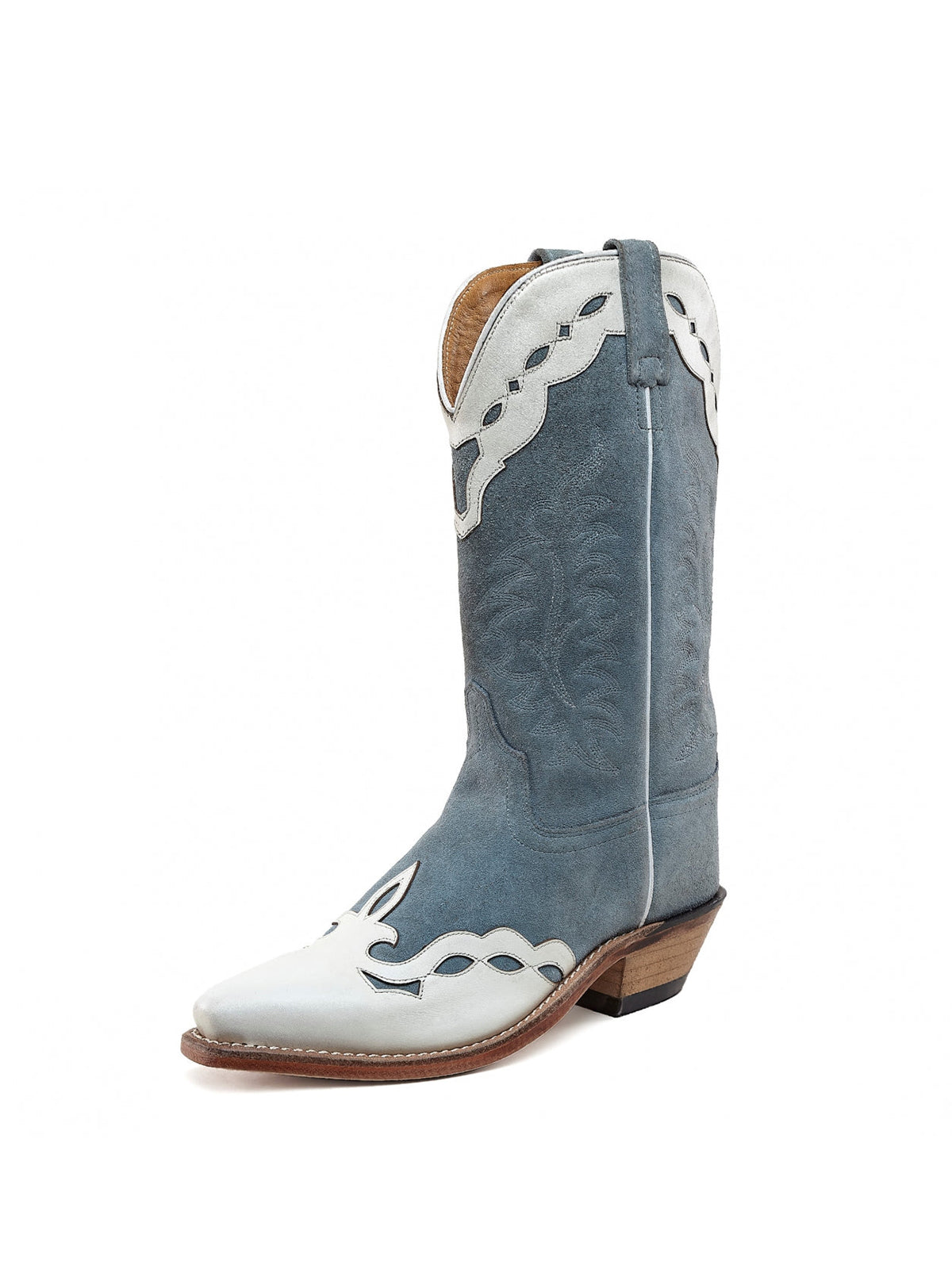 Blue Snip-Toe Faux Suede Classic Embroidery Mid Calf Cowgirl Boots