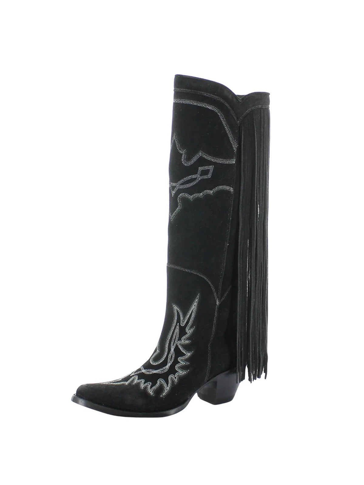 Almond-Toe Faux Suede Fringe Full-Zip Embroidery Knee High Cowgirl Boots - Black