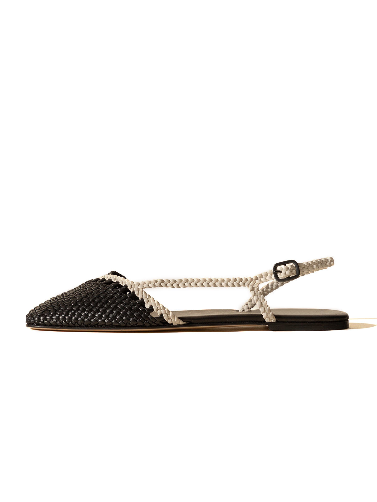 Black And Ivory Woven Vegan Leather Square-Toe Back Strap Sandals Flats