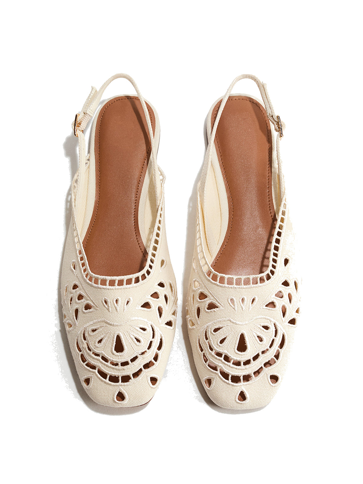 Cream Canvas Square-Toe Cutout Detail Slingback Flats