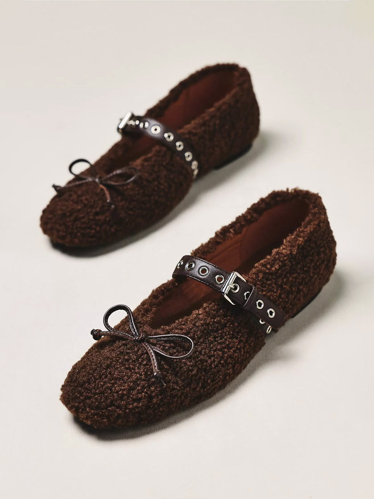 Chocolate Plush Square-Toe Front Bow Mary Jane Ballet Flats
