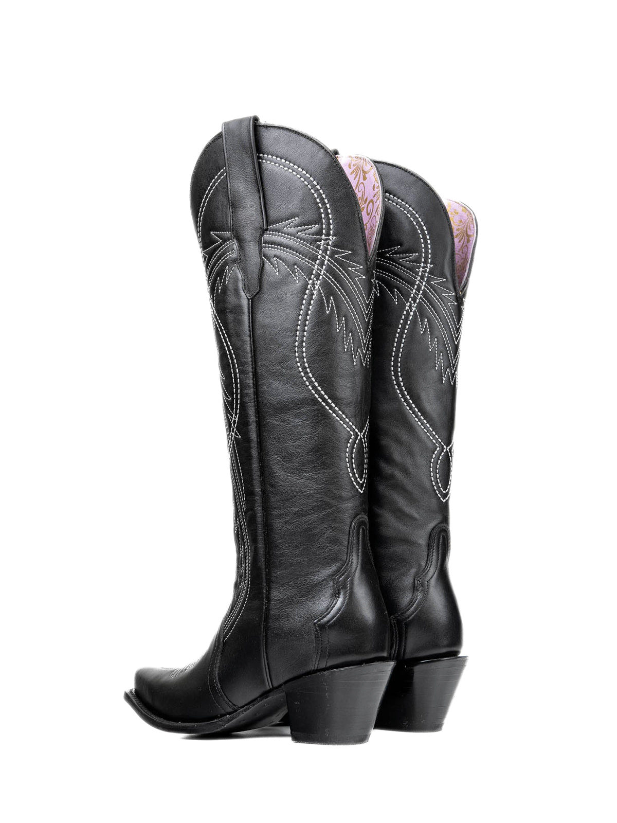 Black Snip-Toe Half-Zip Embroidery Knee High Tall Cowgirl Boots