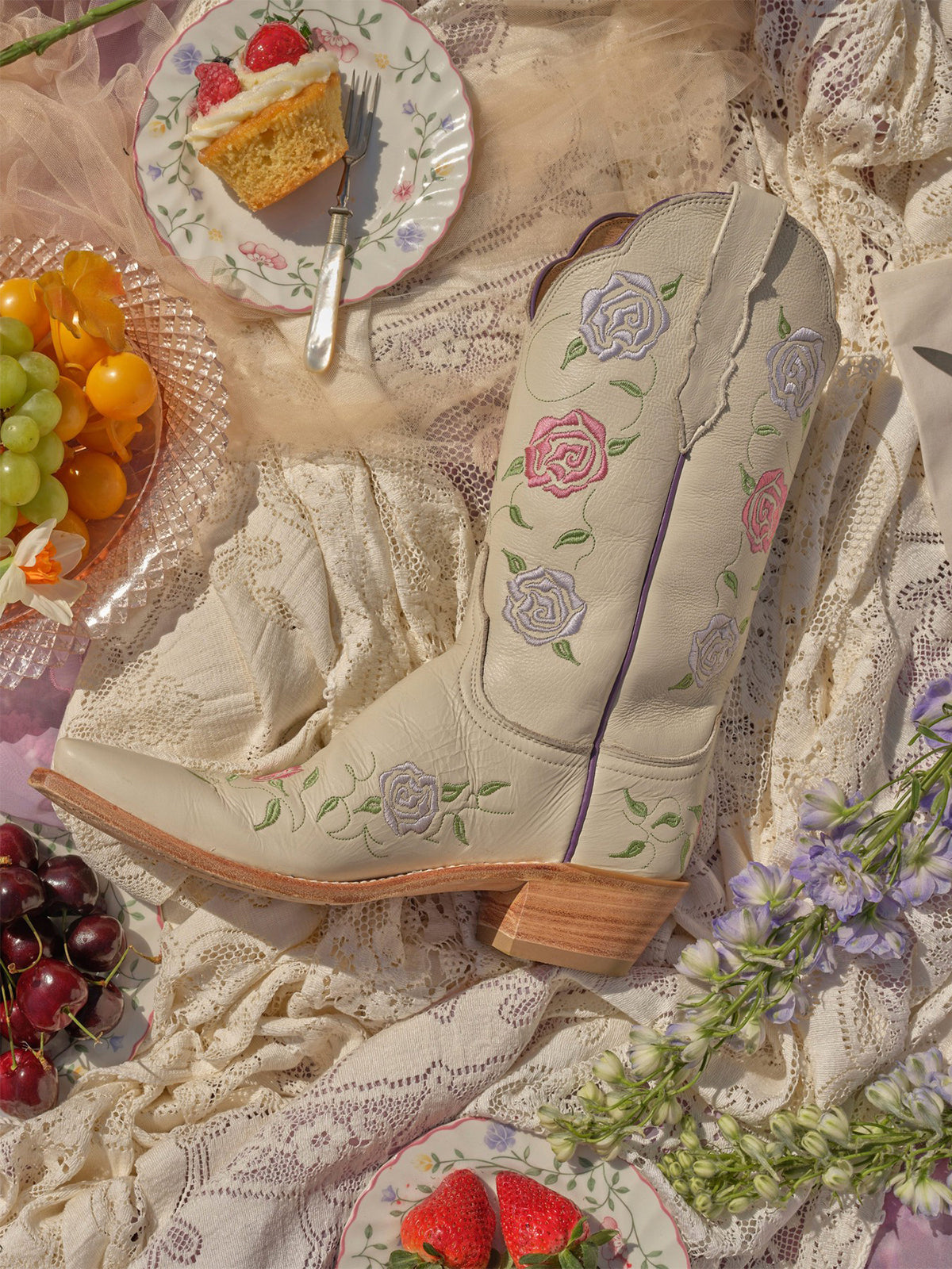 Cream Snip-Toe Rose Embroidery Mid Calf Cowgirl Boots