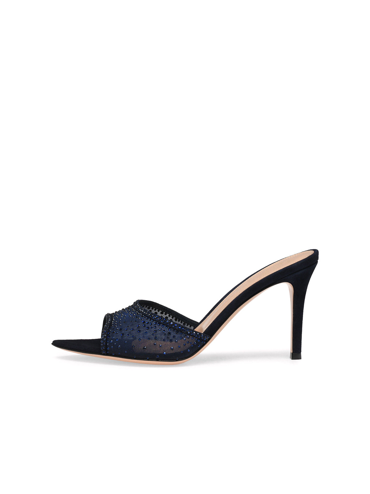 Rhinestones Mesh Open Pointed-Toe Backless Slip-On High Heels – Blue