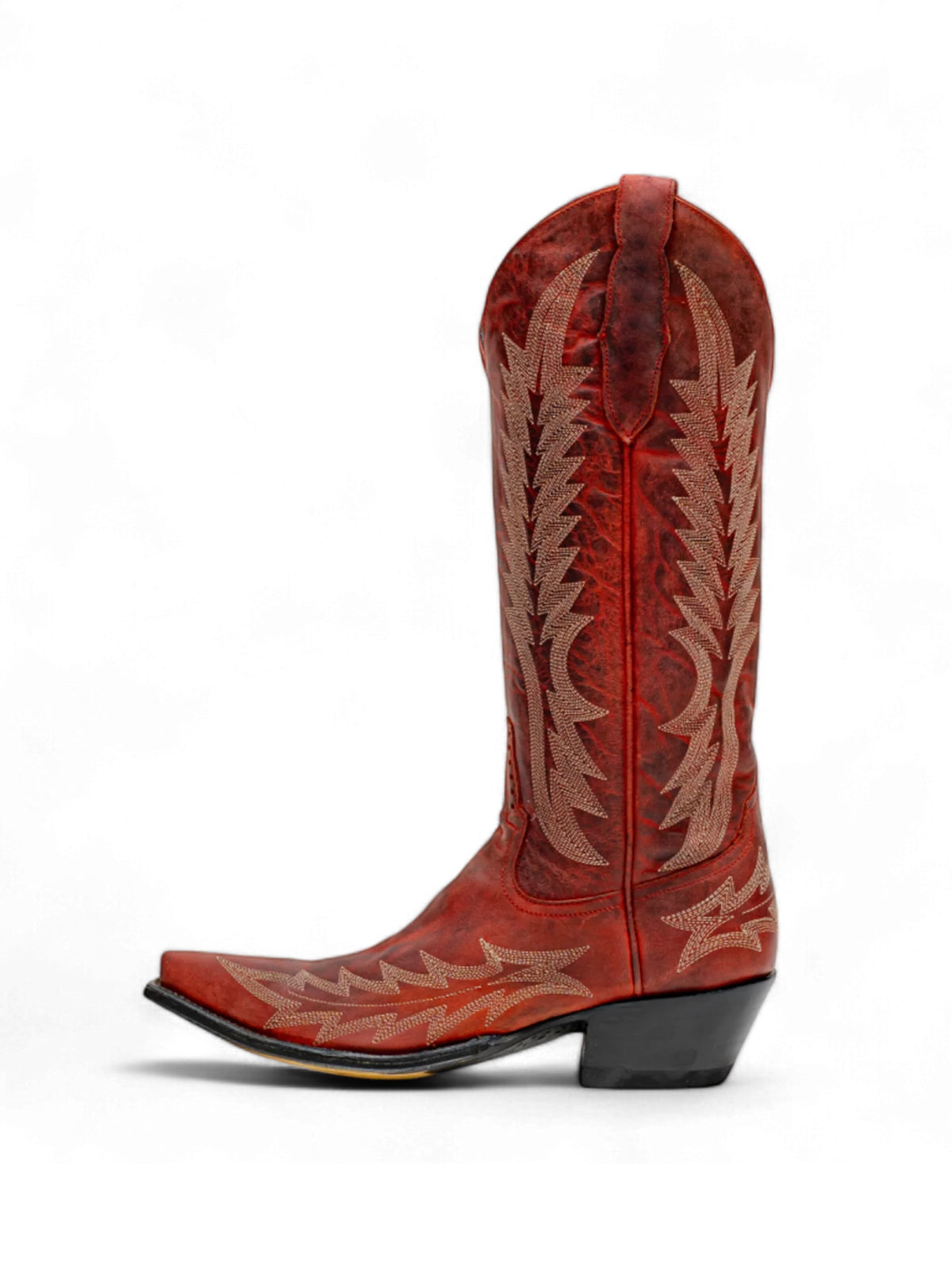 Distressed Red Snip-Toe Wide Calf Embroidery Knee High Cowgirl Boots