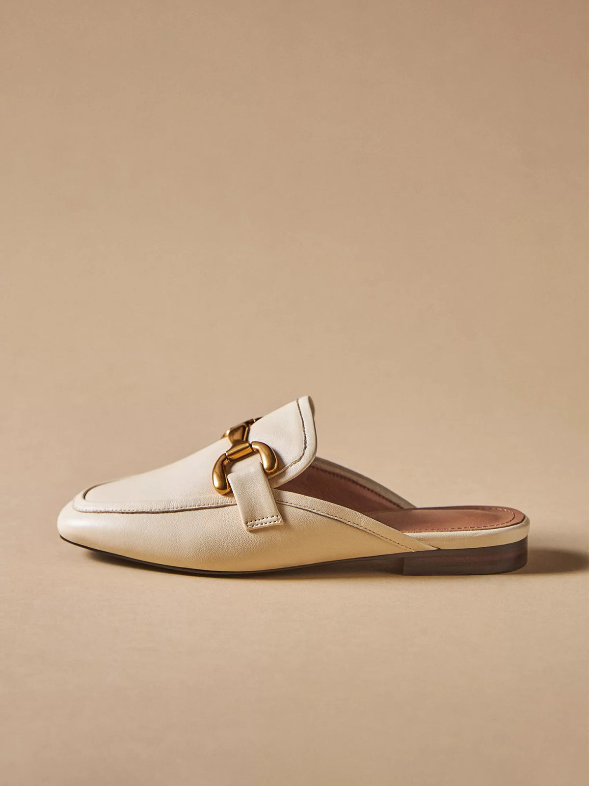 Bone Square-Toe Slip-On Front Metal Detail Flats Loafers