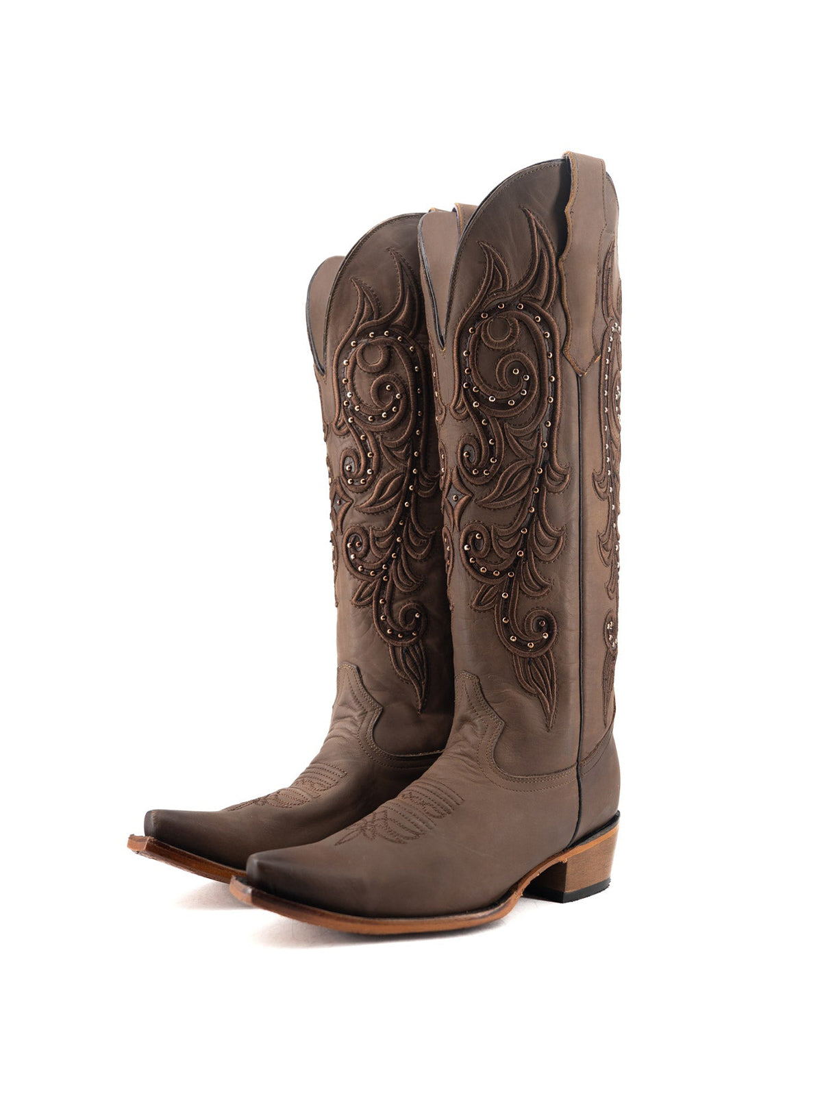 Snip-Toe Embroidery And Studs Half-Zip Knee High Cowgirl Boots For Woman - Chocolate