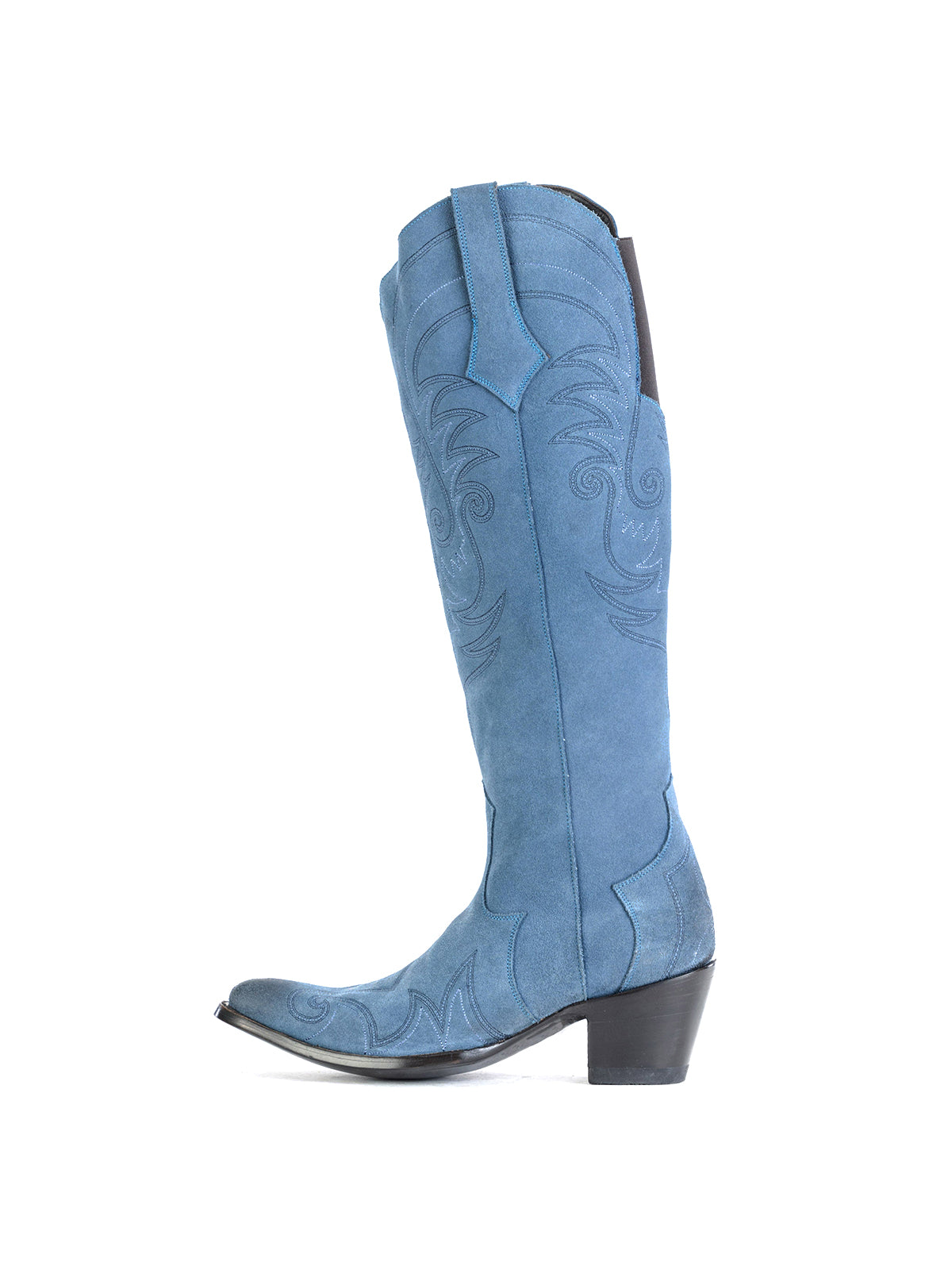Side-Zip Pointed-Toe Chic Embroidery Wide Calf Knee High Cowgirl Boots - Blue