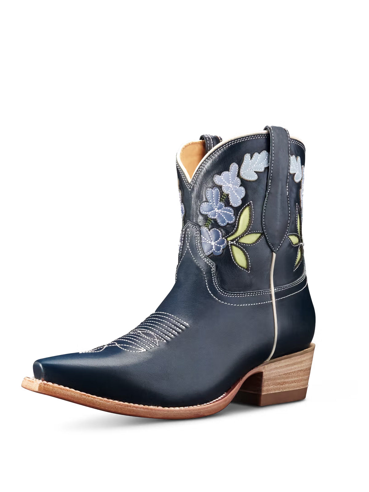 Purplish Blue Snip-Toe Flower Applique Ankle Cowgirl Boots