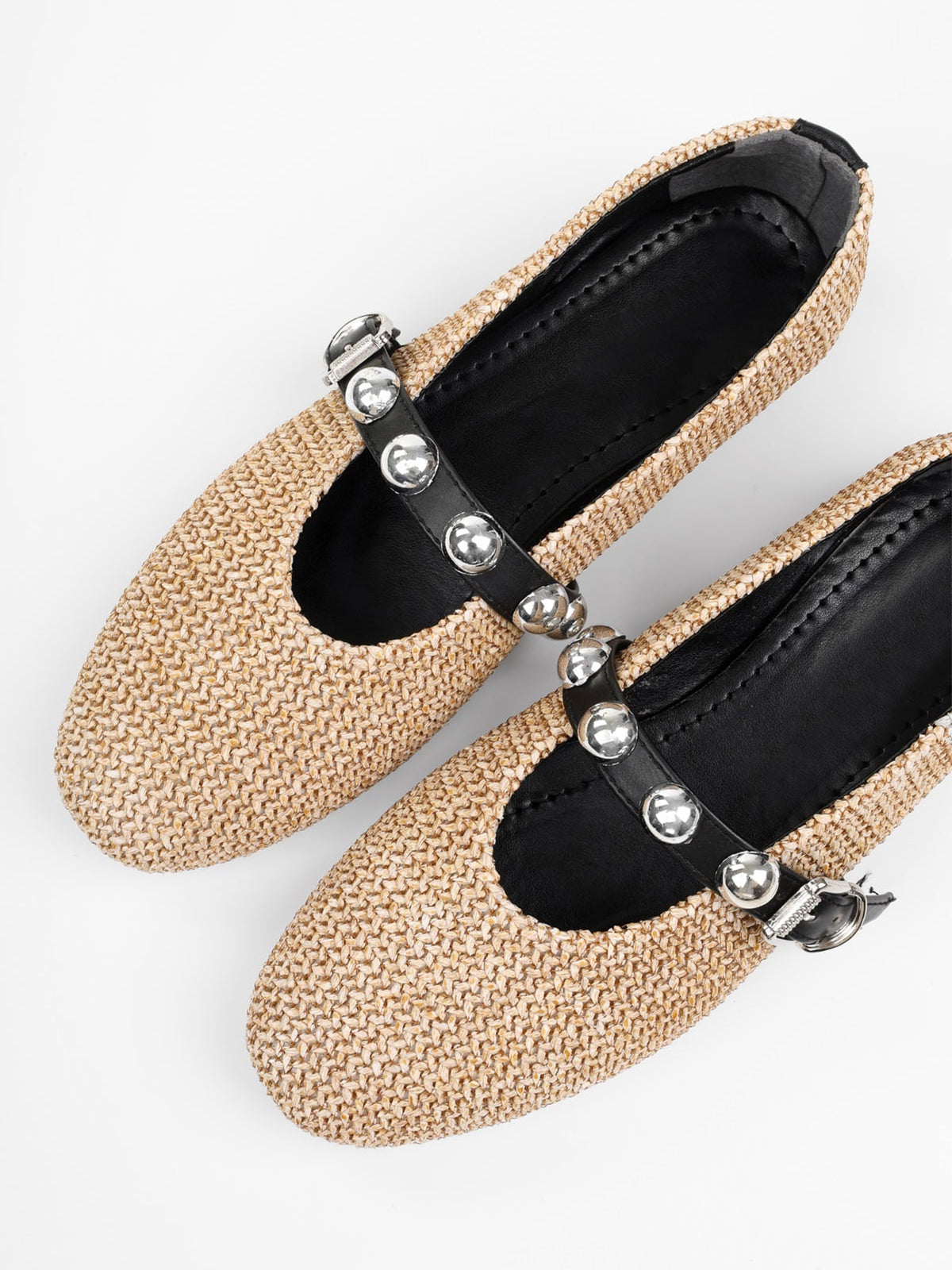 Nude Grass Woven Square-Toe Bridge Strap With Studs Ballet Flats
