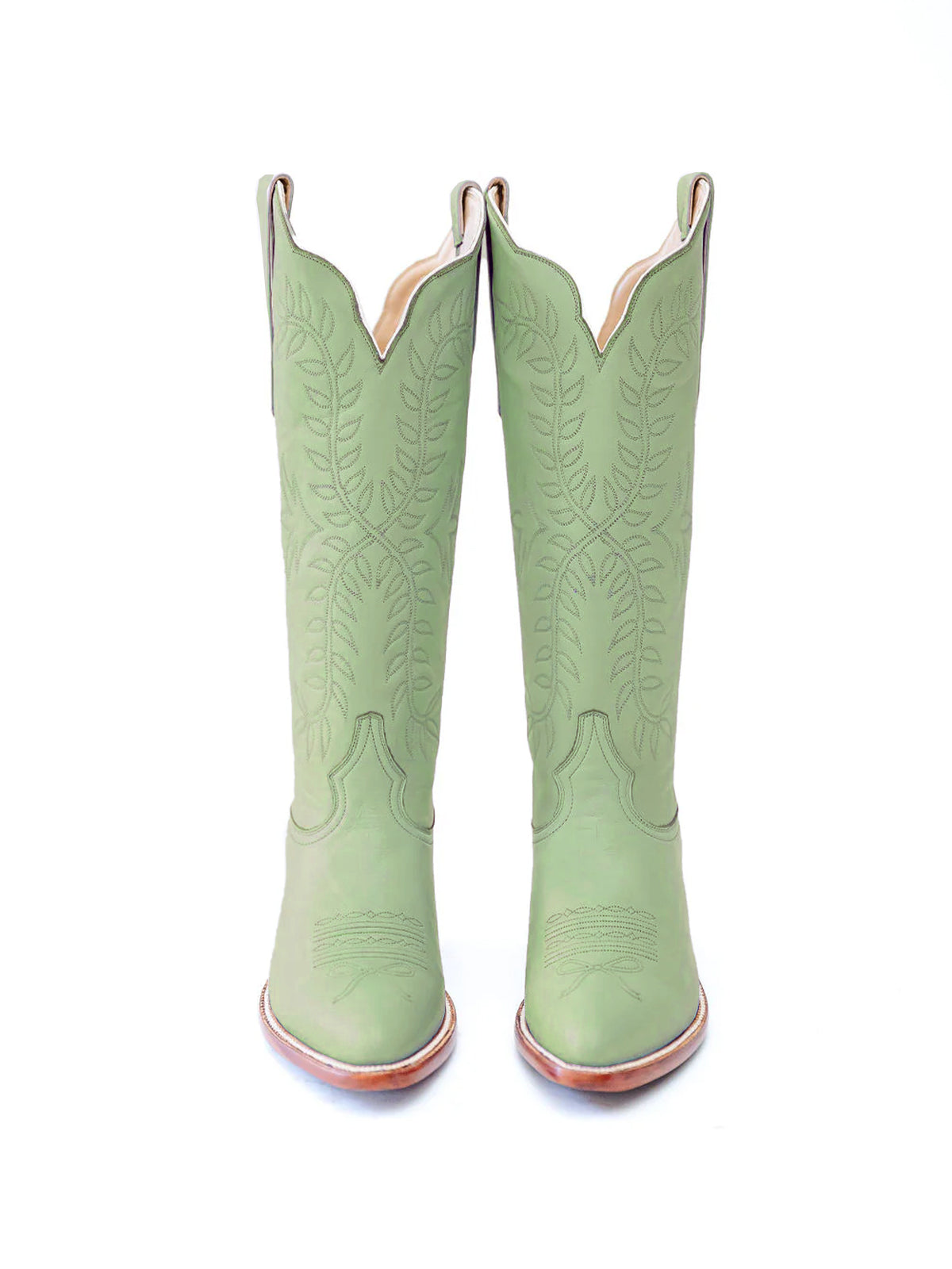 Leaves Embroidery Almond-Toe Wide Knee High Cowgirl Boots - Green